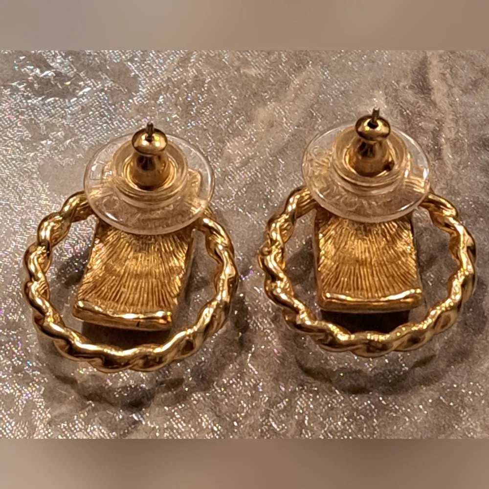 Vintage Monet Gold and Red Twisted Hoop Earrings